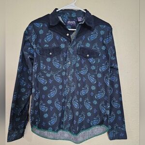 Wrangler Western Shirt Black Pearlsnap Blue & Purple Paisley Green Hem- Youth XL
